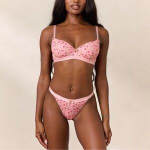 New Pink Floral Lounge Underwear Set, Rosebud Ribbed Balcony Bra 34C, small